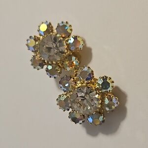 Earrings Vintage Clip Back Irradescent Rhinestone Sparkle Aroura Borealis